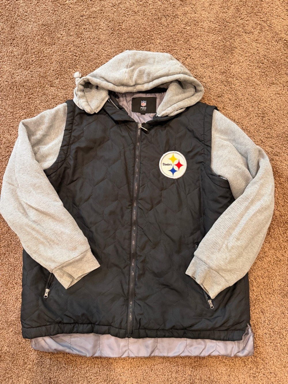 NFL Pittsburgh Steelers Black Quilted Jacket with Gray Hood and Thermal Sleeves